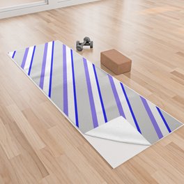 [ Thumbnail: Medium Slate Blue, Light Grey, Blue & White Colored Striped/Lined Pattern Yoga Towel ]