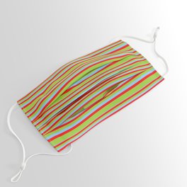[ Thumbnail: Light Sky Blue, Red & Green Colored Lines/Stripes Pattern Face Mask ]