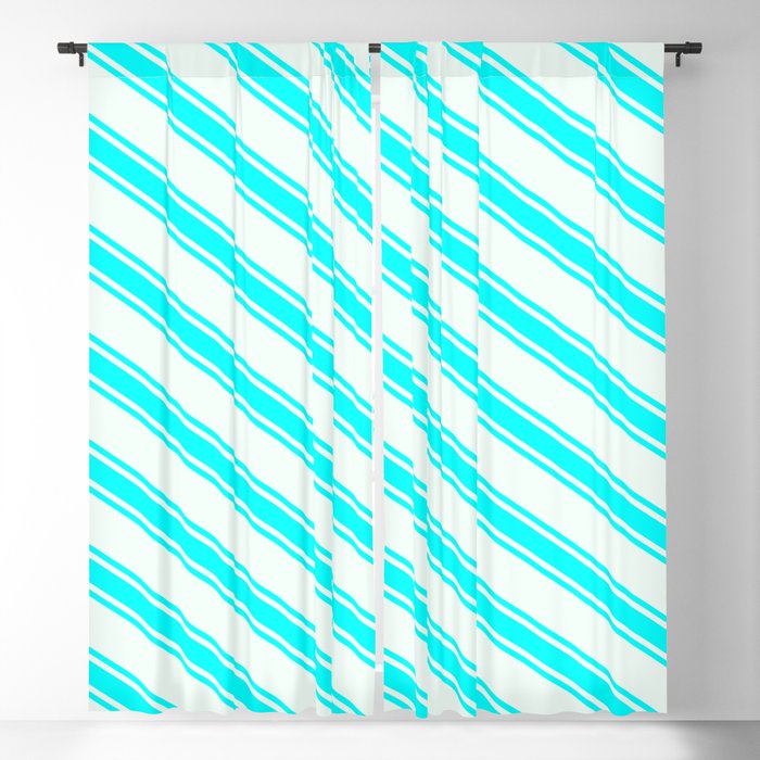 Mint Cream & Aqua Colored Lined/Striped Pattern Blackout Curtain