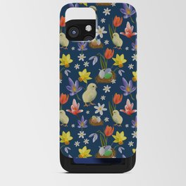 Colorful pattern with easter chicks, easter nests, tulips, daffodils, crocuses, wood anemones iPhone Card Case