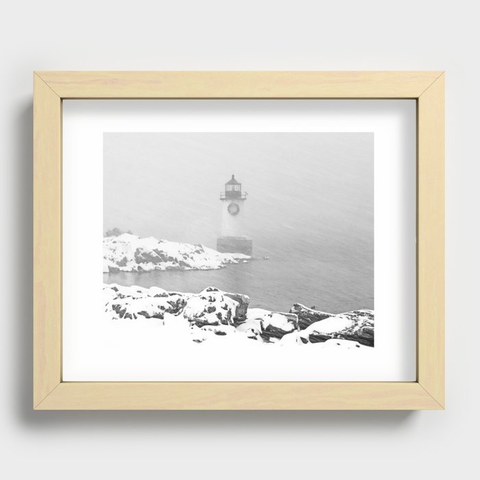 Winter Island Snowstorm and Fort Pickering Light Salem Massachusetts Black and White Recessed Framed Print