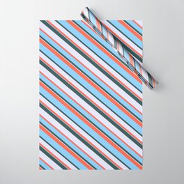 [ Thumbnail: Red, Light Sky Blue, Dark Slate Gray, and Lavender Colored Pattern of Stripes Wrapping Paper ]