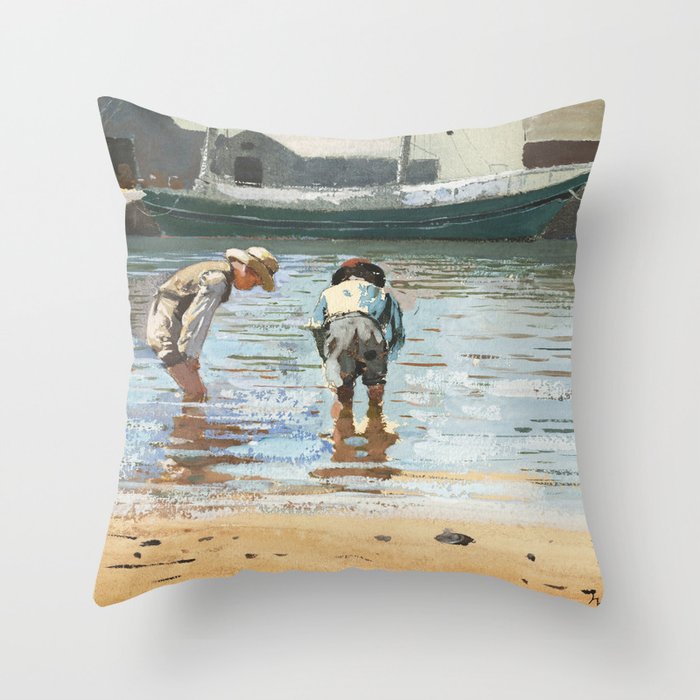 Boys Wading (1873) by WinslowHomer. Throw Pillow