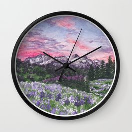 Purple Skies with Mountains and Fields Watercolour Landscape Painting Wall Clock