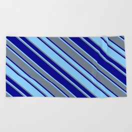 [ Thumbnail: Light Sky Blue, Slate Gray, and Dark Blue Colored Striped/Lined Pattern Beach Towel ]