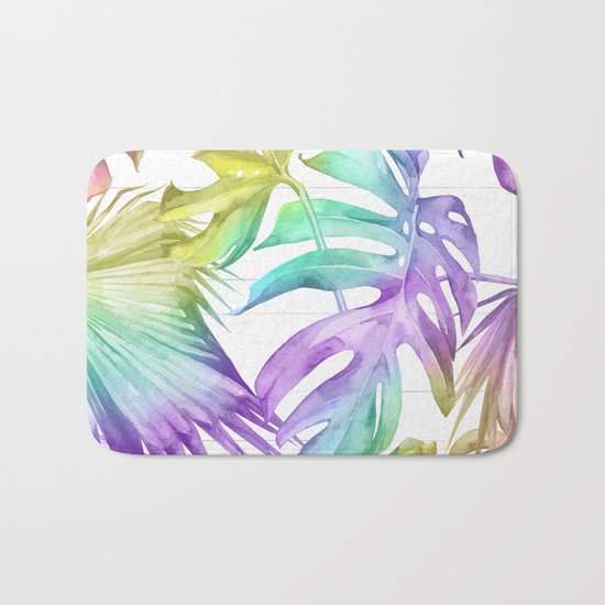 Tropical Rainbow Palm Leaves on Wood Bath Mat