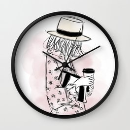 Casual young girl wearing hat and floral dress, clutch bag and a cup of coffee ready to hustle Wall Clock