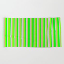 [ Thumbnail: Tan, Chartreuse, Lime & Light Grey Colored Striped/Lined Pattern Beach Towel ]