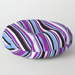 [ Thumbnail: Cornflower Blue, Purple, Light Cyan, and Black Colored Stripes Pattern Floor Pillow ]