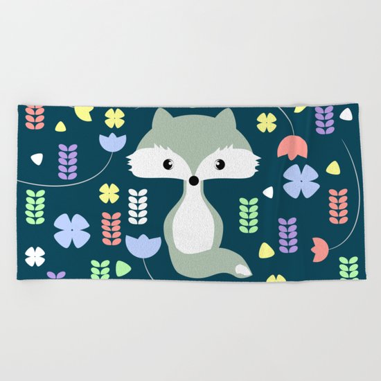 Fox among flowers Beach Towel