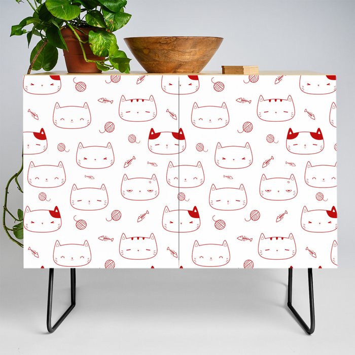 Red Doodle Kitten Faces Pattern Credenza
