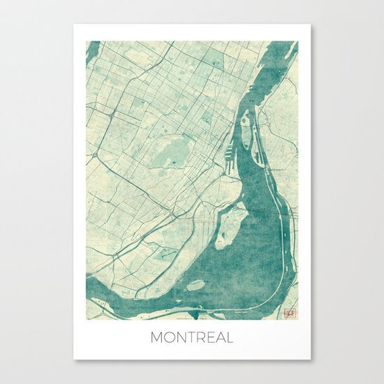 Montreal Map Blue Vintage Canvas Print