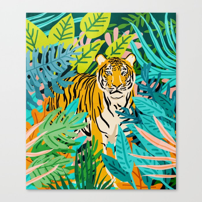 Only 3890 Tigers Left, Wildlife Vibrant Tiger Painting, Jungle Nature Colorful Illustration Canvas Print
