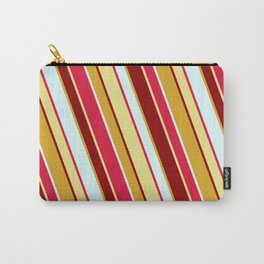 [ Thumbnail: Crimson, Tan, Dark Red, Goldenrod, and Light Cyan Colored Lines Pattern Carry-All Pouch ]