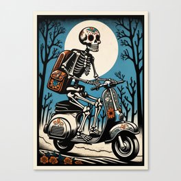 Mexican Sugar Skull Skeleton Ridding a Scooter Canvas Print