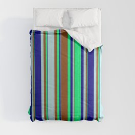 [ Thumbnail: Dark Blue, Green, Brown, and Powder Blue Colored Lines/Stripes Pattern Comforter ]