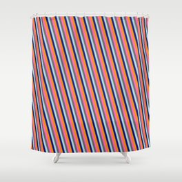 [ Thumbnail: Orange, Pink, Grey, Blue Colored Stripes Pattern Shower Curtain ]