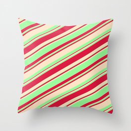 [ Thumbnail: Bisque, Green, and Crimson Colored Striped/Lined Pattern Throw Pillow ]