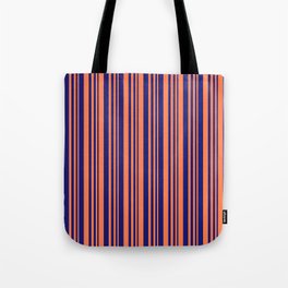 [ Thumbnail: Coral and Midnight Blue Colored Lines/Stripes Pattern Tote Bag ]