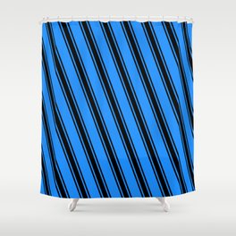 [ Thumbnail: Blue and Black Colored Striped/Lined Pattern Shower Curtain ]
