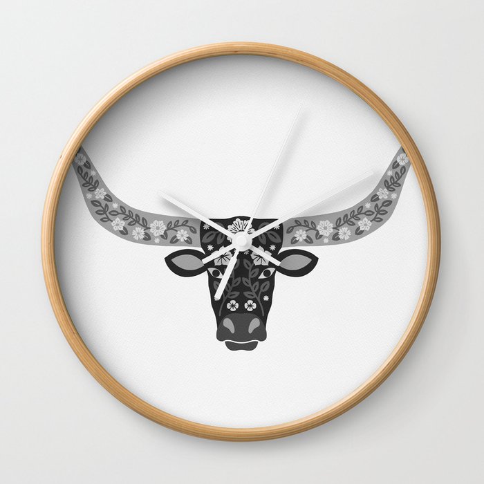 Floral Longhorn – Black and White Wall Clock