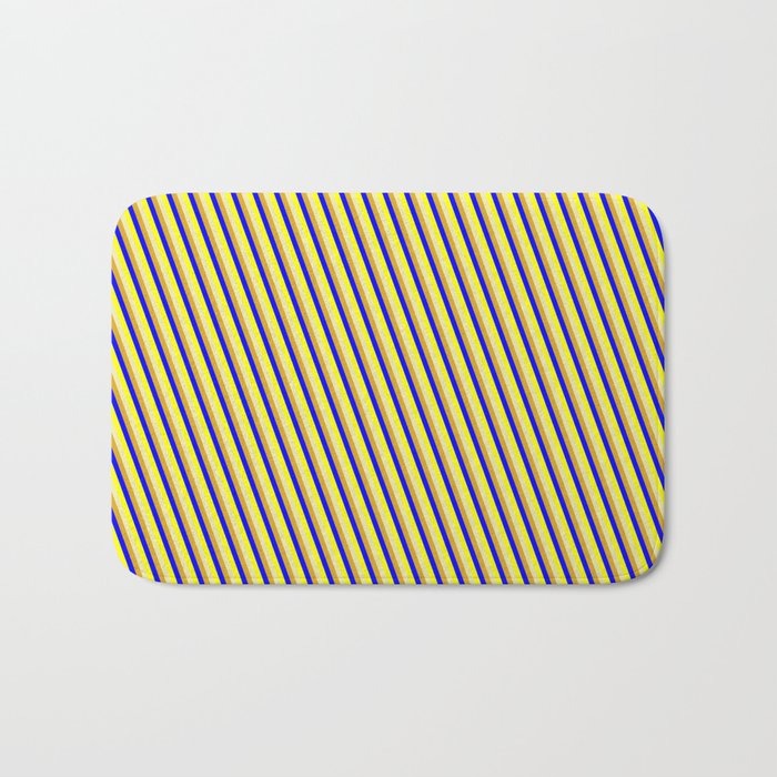 Goldenrod, Blue, Yellow & Pale Goldenrod Colored Striped Pattern Bath Mat