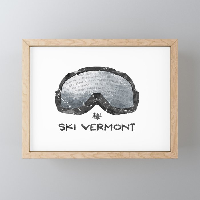 Ski Vermont Ski Goggles — Black with VT Mountains Framed Mini Art Print