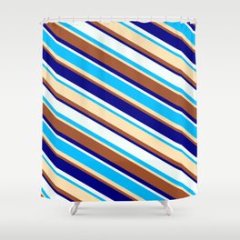 [ Thumbnail: Vibrant Deep Sky Blue, Beige, Sienna, Blue, and Mint Cream Colored Lines/Stripes Pattern Shower Curtain ]