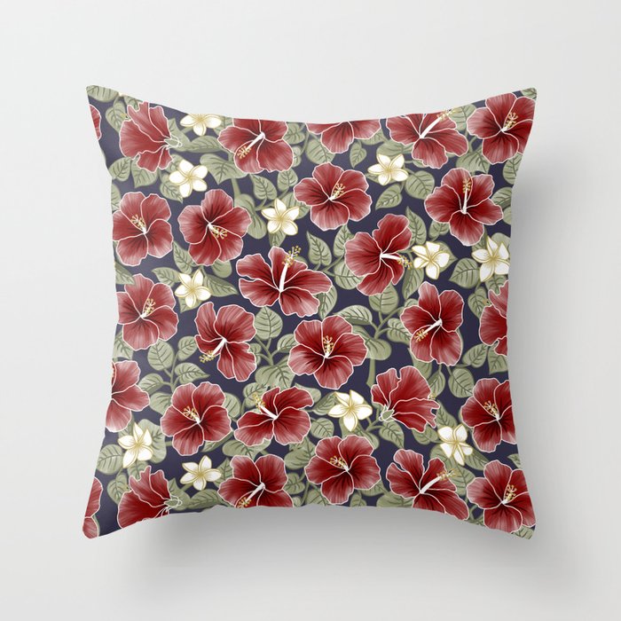 Maroon Hibiscus and Plumeria Throw Pillow