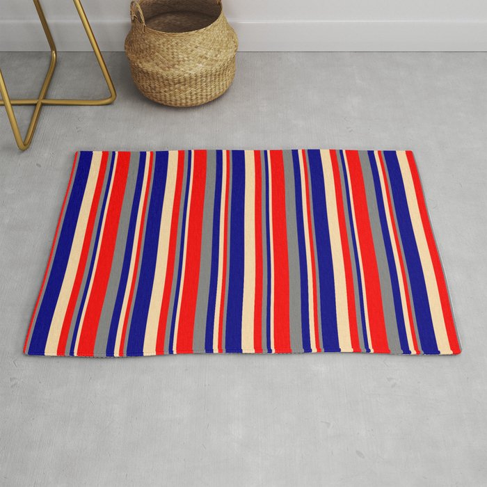 Tan, Blue, Gray & Red Colored Lines/Stripes Pattern Rug