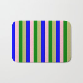 [ Thumbnail: Dark Khaki, Blue, Pink, and Green Colored Pattern of Stripes Bath Mat ]