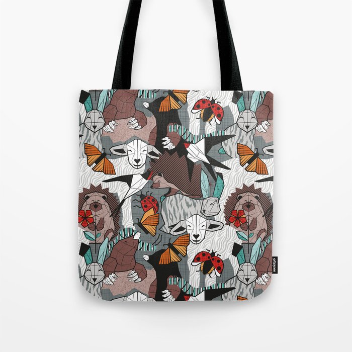 Geo spring animal party // green grey linen texture background brown aqua mint orange and neon red details Tote Bag
