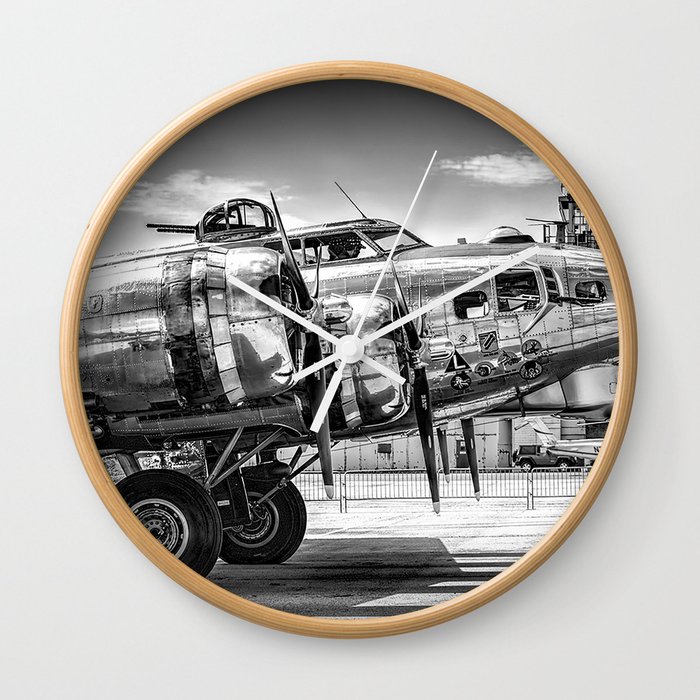 WWII Flying Fortress aviation bomber airplane flight portrait black and white photograph - photography - photographs Wall Clock
