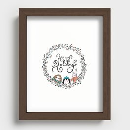 Cozy Happy Holidays Critters Sloth Penguin Bunny Wreath Recessed Framed Print