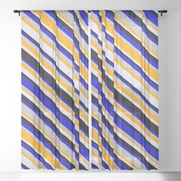 [ Thumbnail: Eye-catching Blue, Grey, Orange, Lavender, and Black Colored Stripes/Lines Pattern Sheer Curtain ]