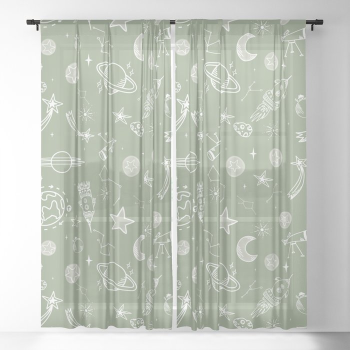 space voyage green Sheer Curtain
