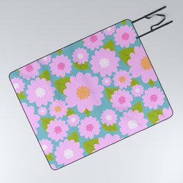 Fun Pretty Pink Summer Garden Flowers On Turquoise Picnic Blanket