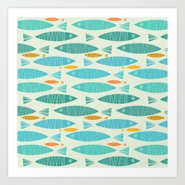 Shimmering Scandinavian Fish In Blue And Gold Pattern Art Print