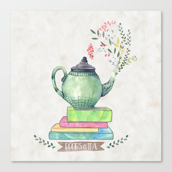 Books & Tea Watercolor Canvas Print