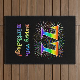 [ Thumbnail: 77th Birthday - Fun Rainbow Spectrum Gradient Pattern Text, Bursting Fireworks Inspired Background Outdoor Rug ]