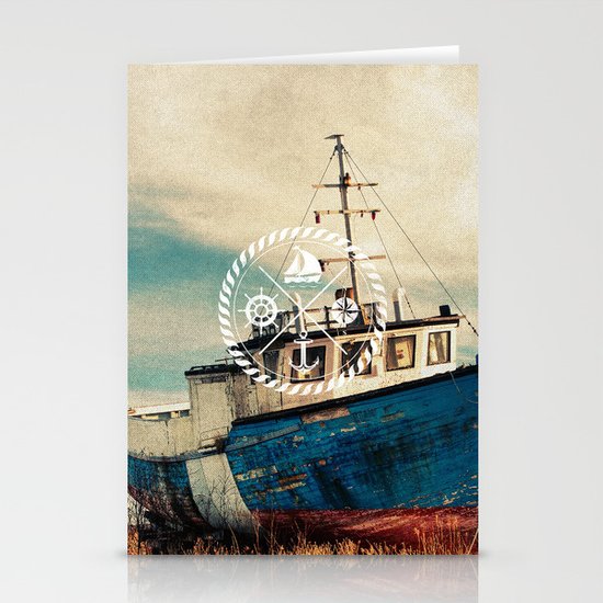 Blue Brown Vintage Nautical Anchor Sailing Boat Stationery Cards