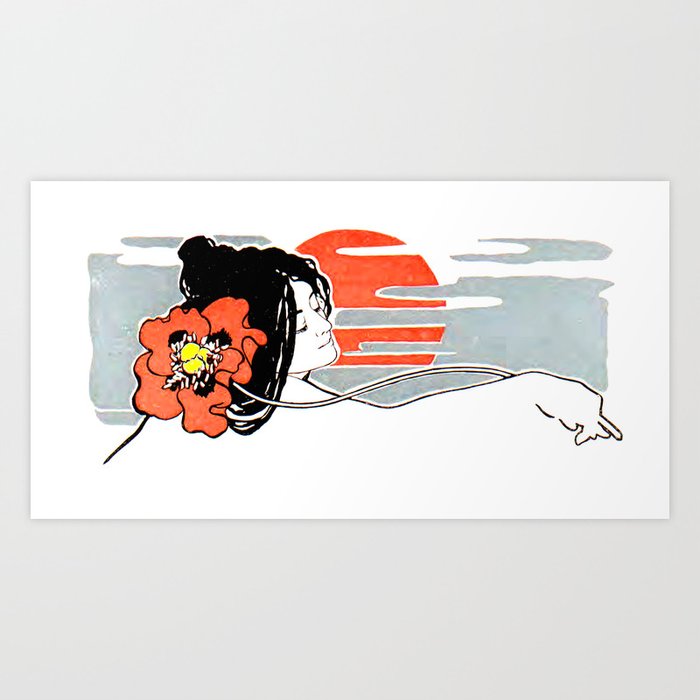 Art Nouveau Lady with Orange Flower & Red Moon & Clouds by Hans Christiansen, circa 1898 Art