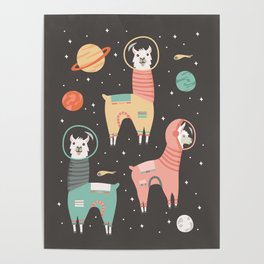 Astronaut Llamas in Space Poster
