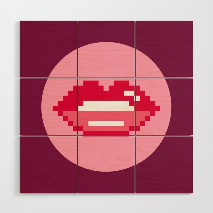 Valentine's retro pixel lips circles burgundy Wood Wall Art