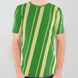 [ Thumbnail: Tan & Forest Green Colored Pattern of Stripes All Over Graphic Tee ]