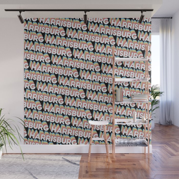 Harrisburg Illinois Trendy Rainbow Text Pattern Black Wall Mural