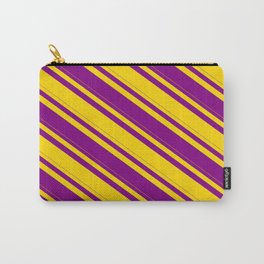 [ Thumbnail: Yellow and Purple Colored Stripes/Lines Pattern Carry-All Pouch ]