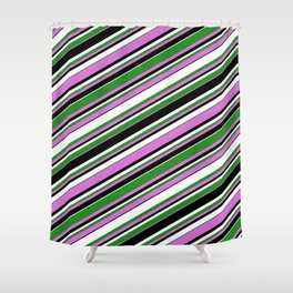 [ Thumbnail: Forest Green, Orchid, Black & White Colored Striped/Lined Pattern Shower Curtain ]
