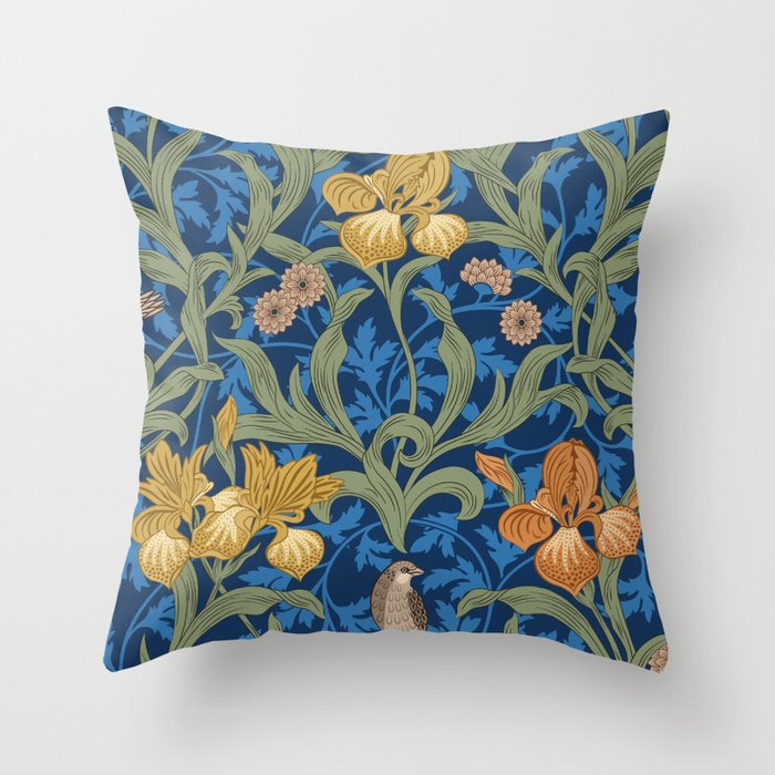 Vintage floral seamless pattern with orange iris and birds on blue background. Vintage illustration.  Throw Pillow