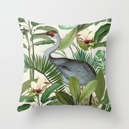 Tropical Heron Bird Rainforest Illustration Throw Pillow